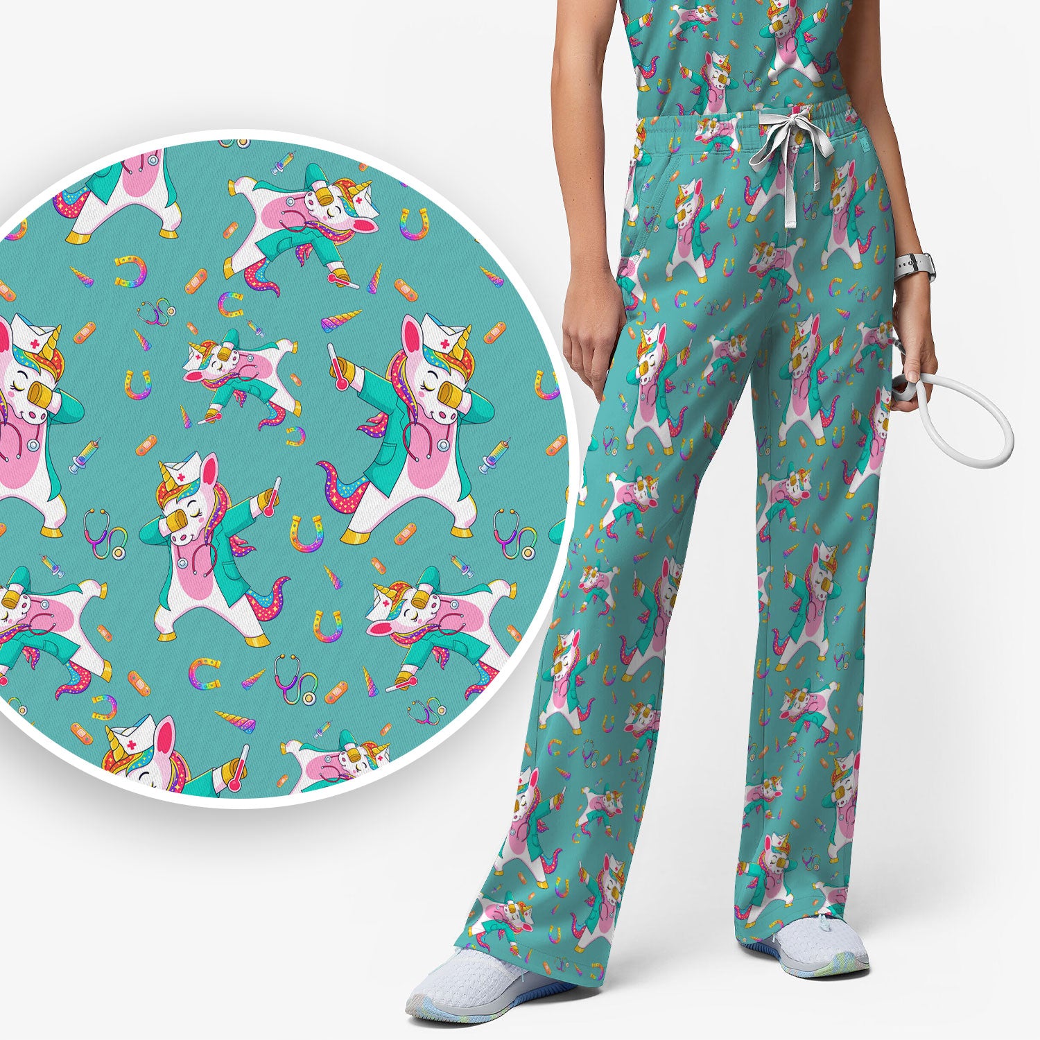 Cute Unicorn Nurse Dance Pattern Women's Sets, Scrub Pants and V Neck Top
