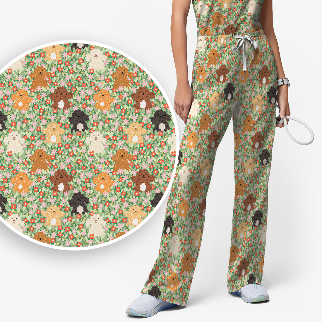 Cute Poodle Dogs Floral Pattern Scrubs Sets, Breathable Med Uniform