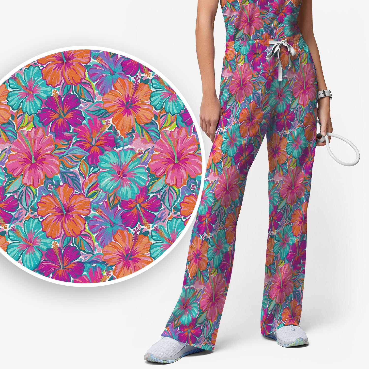 Vibrant Hibiscus Tropical Floral Pattern Scrub Set, Scrub Pants and V Neck Top