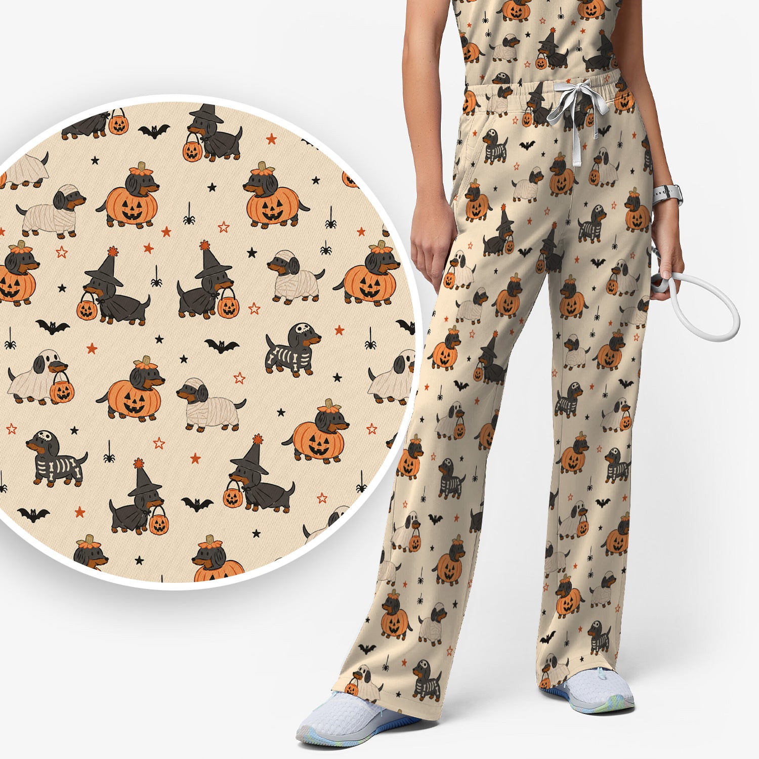 Halloween Dachshund Pattern Scrub Set, Scrub Pants and V Neck Top