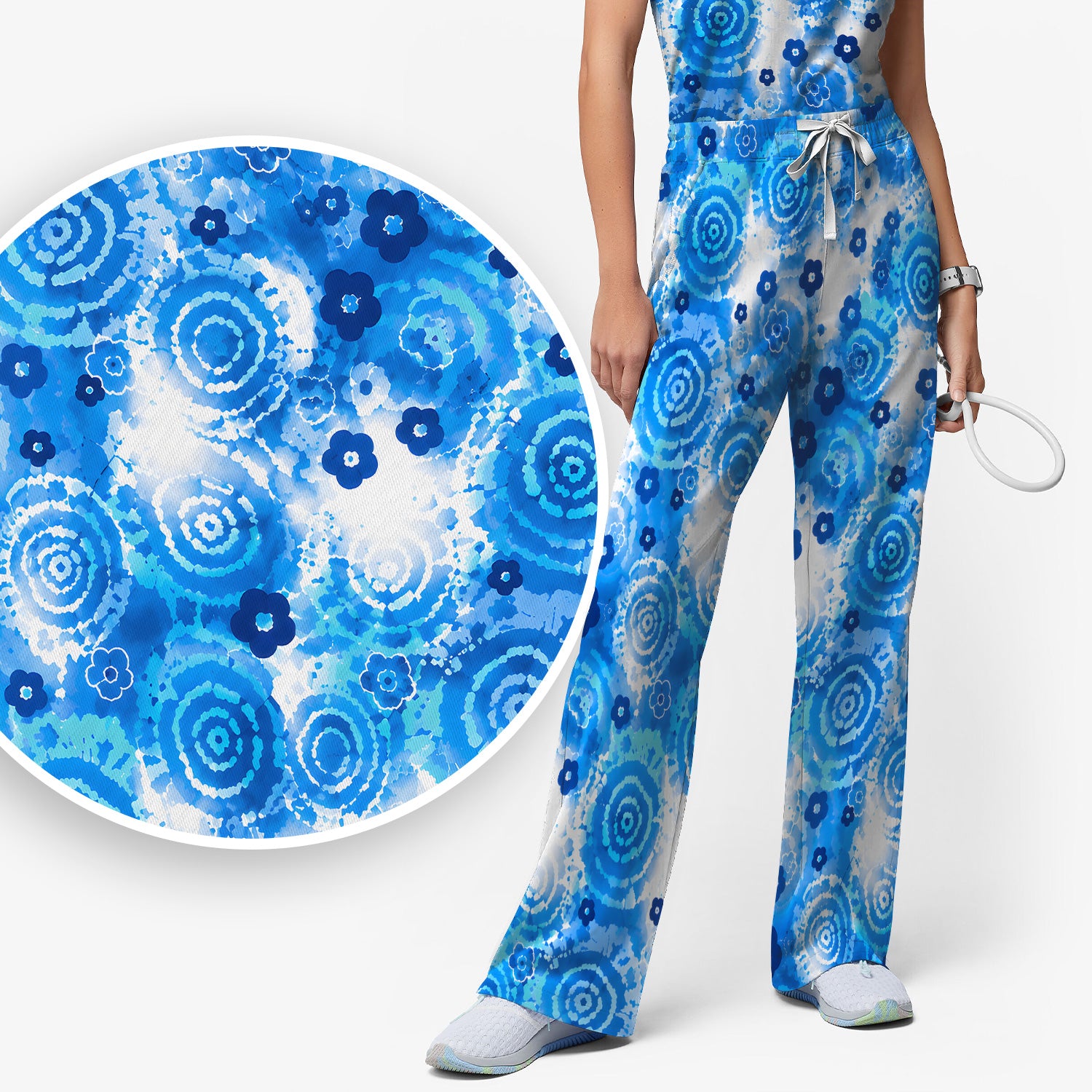 Blue Floral Spiral Nurse Pattern Scrub Top, Breathable Fabrics Nursing Uniform Scrub Set, Scrub Pants and V Neck Top