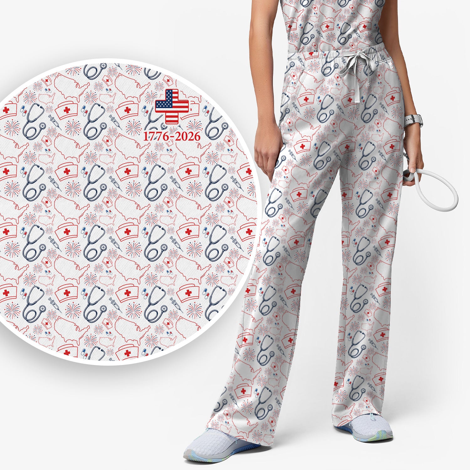 Patriotic Nurse Stethoscope Flag Pattern Scrub Set, Scrub Pants and V Neck Top