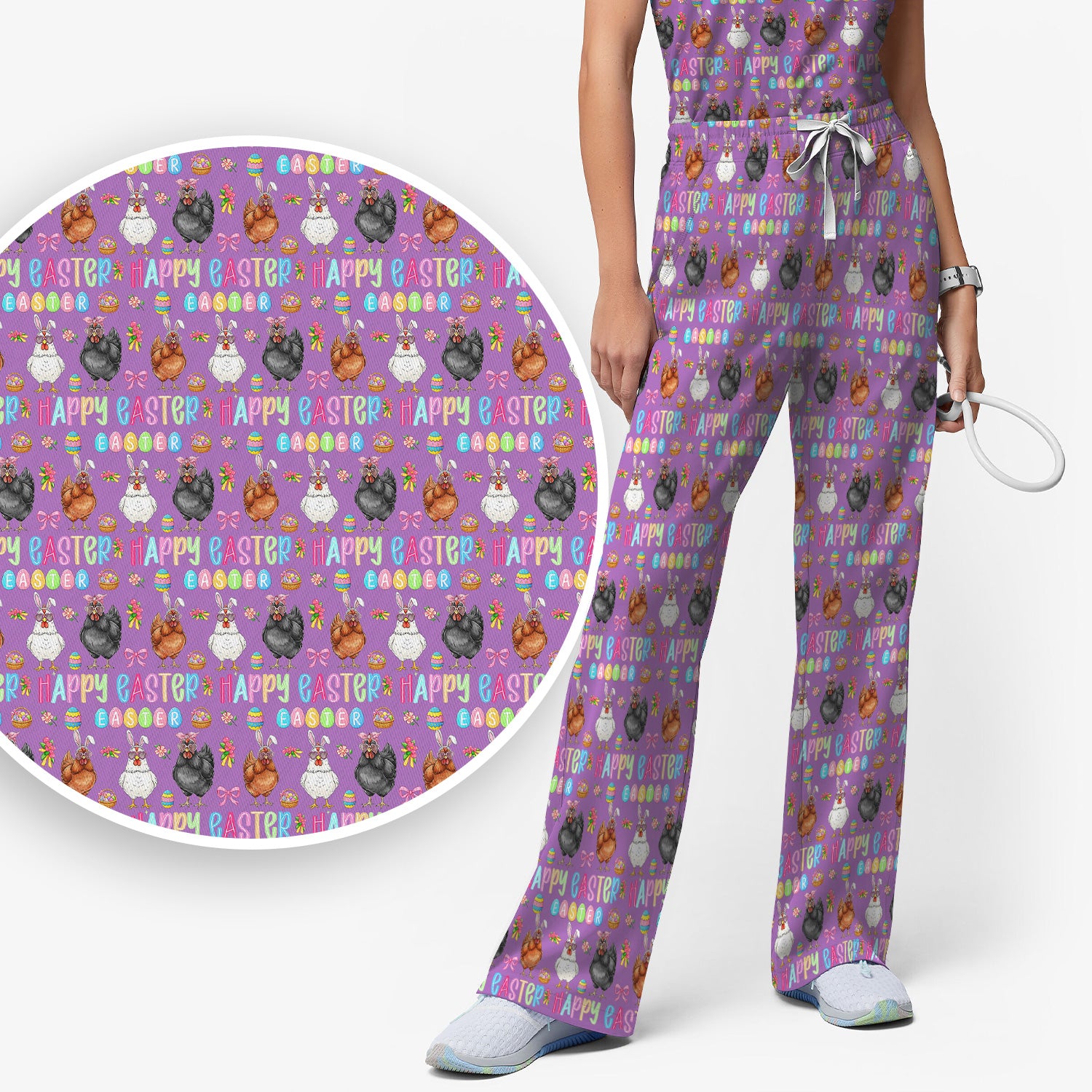 Happy Easter Bunny Eggs Pattern Scrub Sets, Scrub Pants and V Neck Top