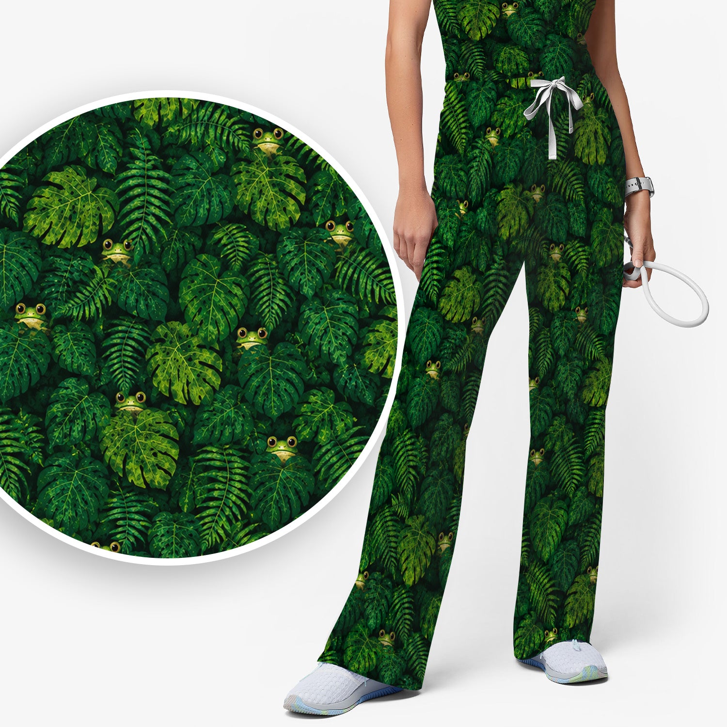 Cute Hidden Frog Jungle Pattern Scrub Set, Scrub Pants and V Neck Top