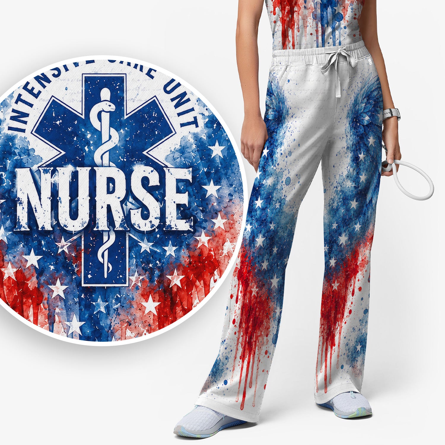 Patriotic Nurse Angel Wings Print Scrub Set, Scrub Pants and V Neck Top