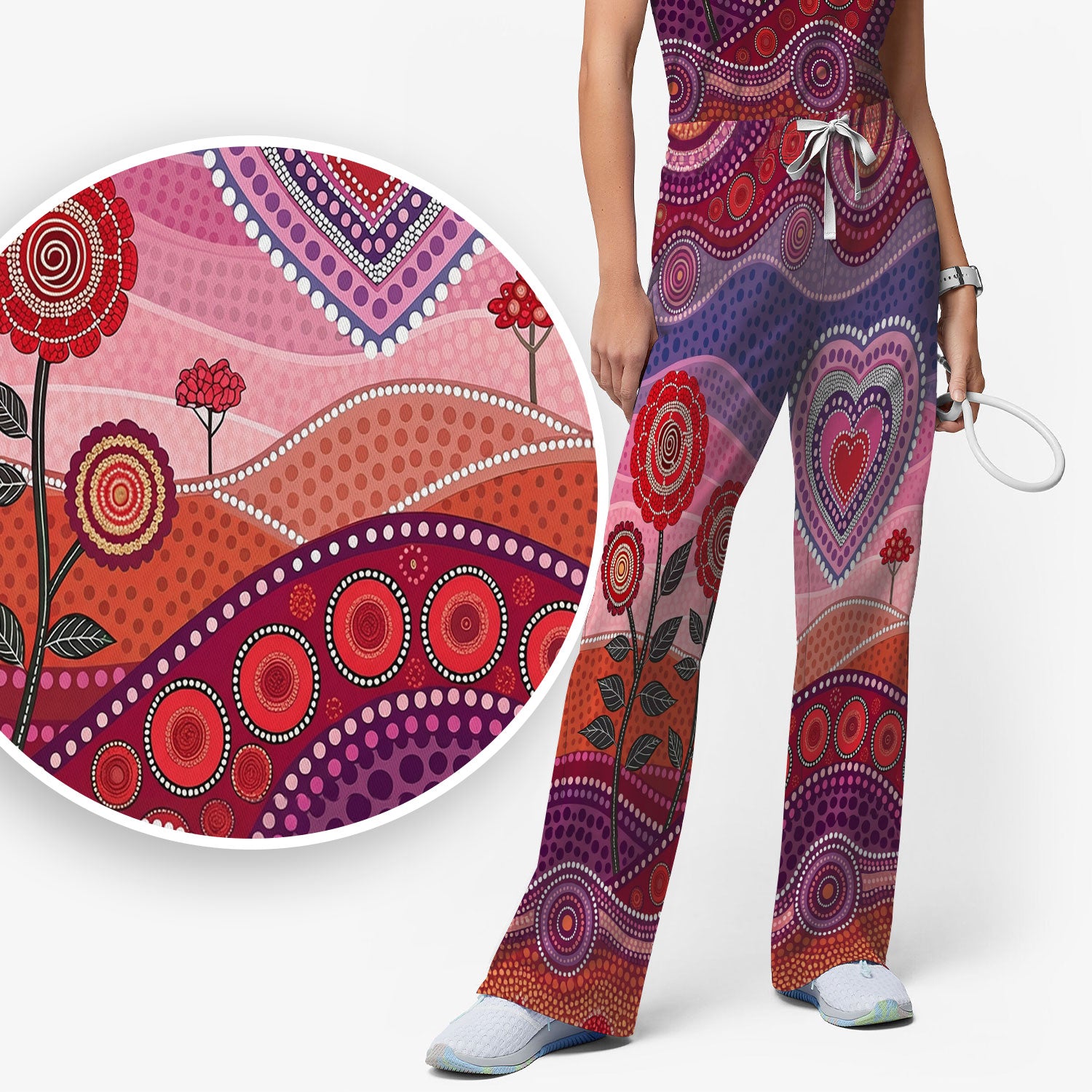 Boho Dot Art Valentine Scrub Set, Artistic Heart Pattern Nurse Shirt, Comfortable Scrubs For Nursing