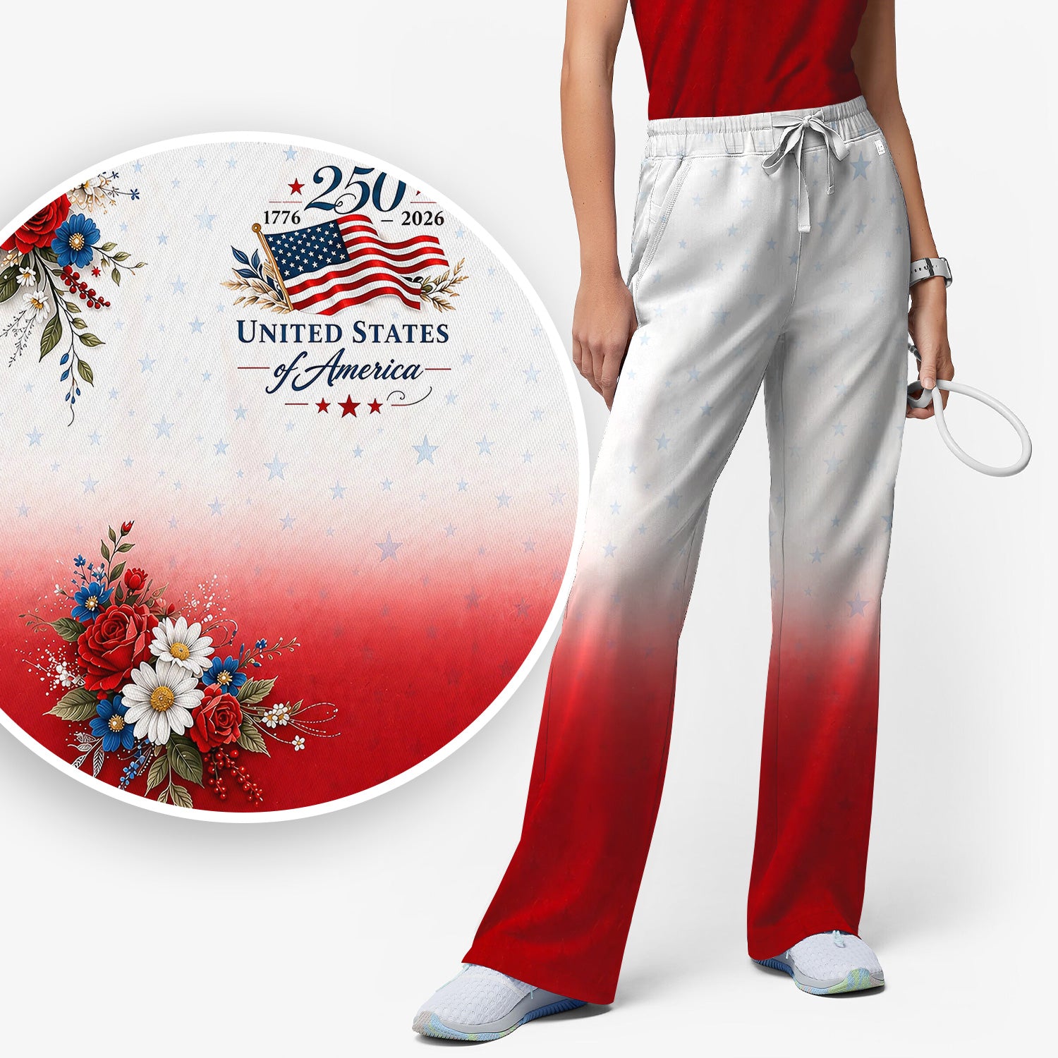 Patriotic 250th Flag Floral Pattern Scrub Set, Scrub Pants and V Neck Top