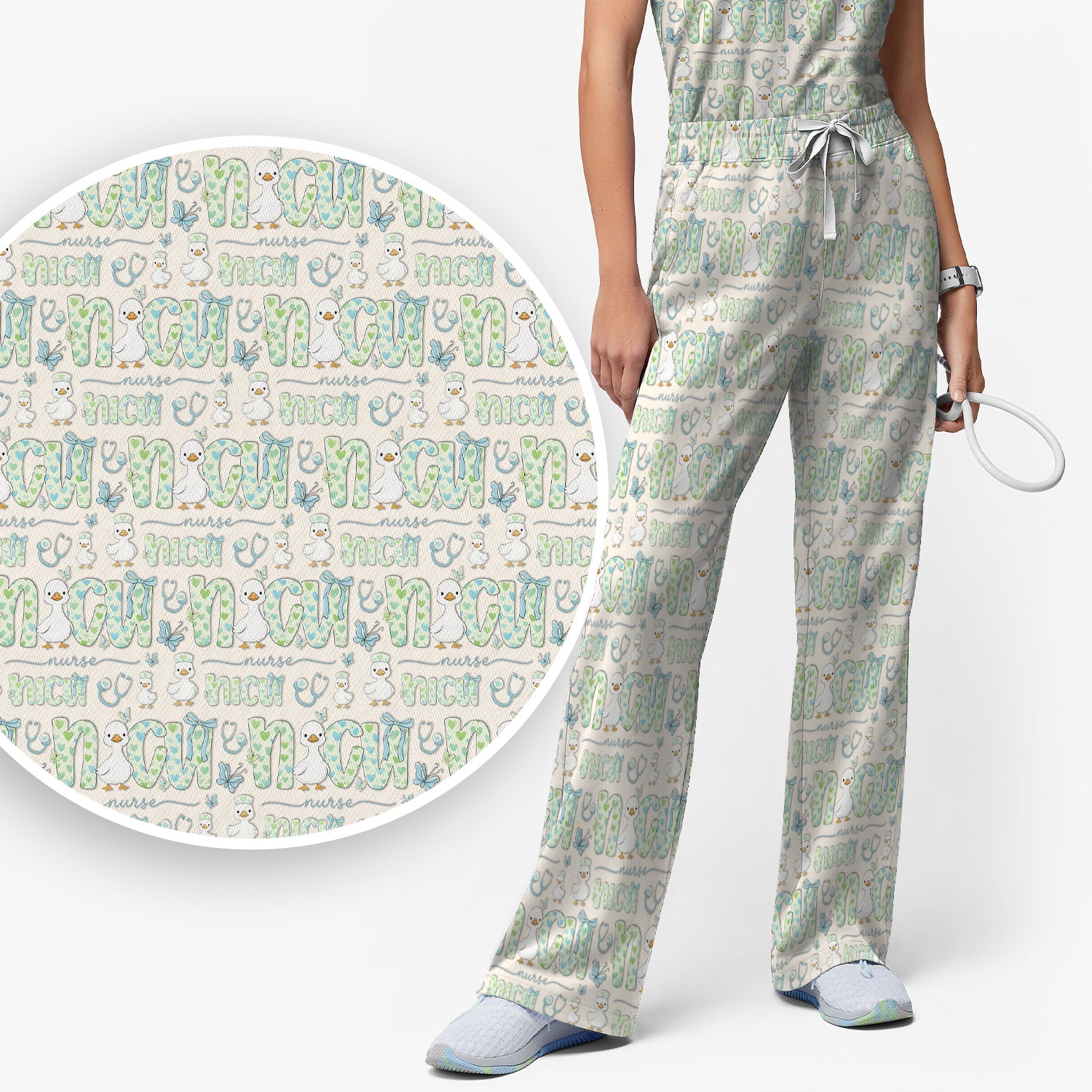 NICU Nurse Duck Pattern Scrub Set, Scrub Pants and V Neck Top