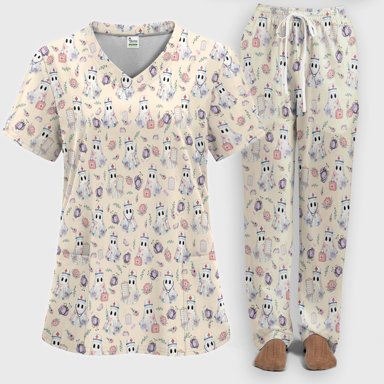 Ghost Nurse Medical Uniform - Cute Boo Halloween Scrub Set - Purple Pumpkin Scrub Pants - Funny Halloween Sweatshirts