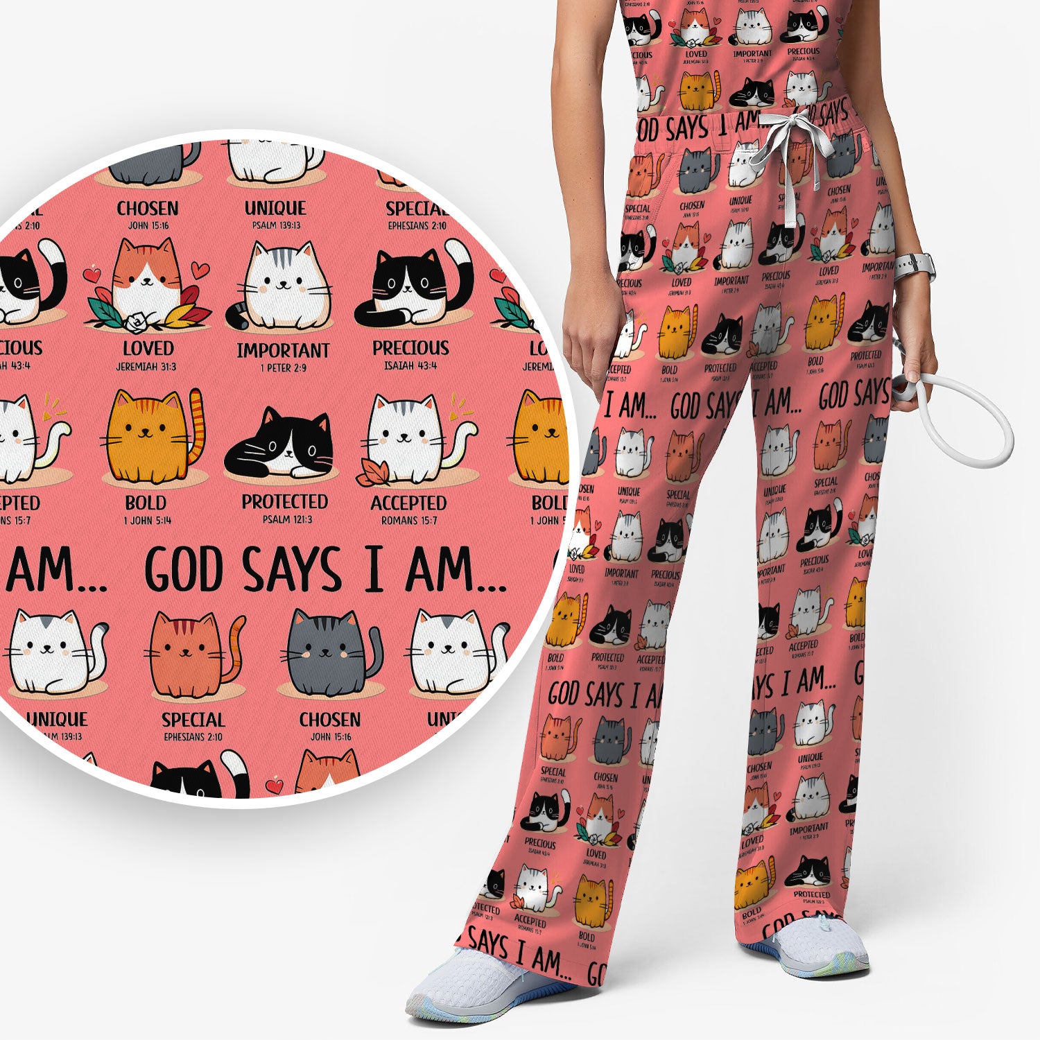 Cute Christian Cat God Says I Am Women's Scrub Set, Breathable Med Uniform