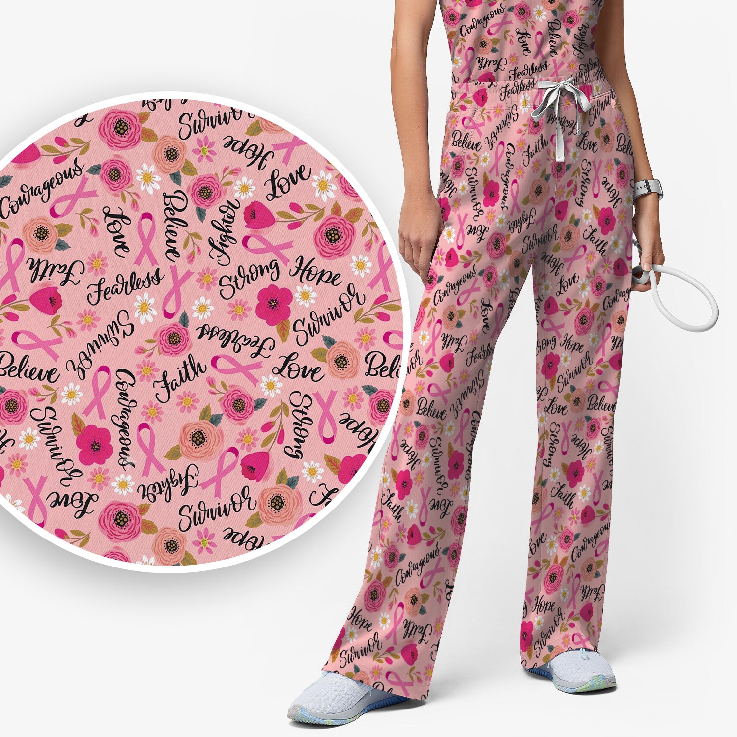 Breast Cancer Awareness Oncology with Pink Ribbon Floral Pattern Scrub Set, Scrub Pants and V Neck Top