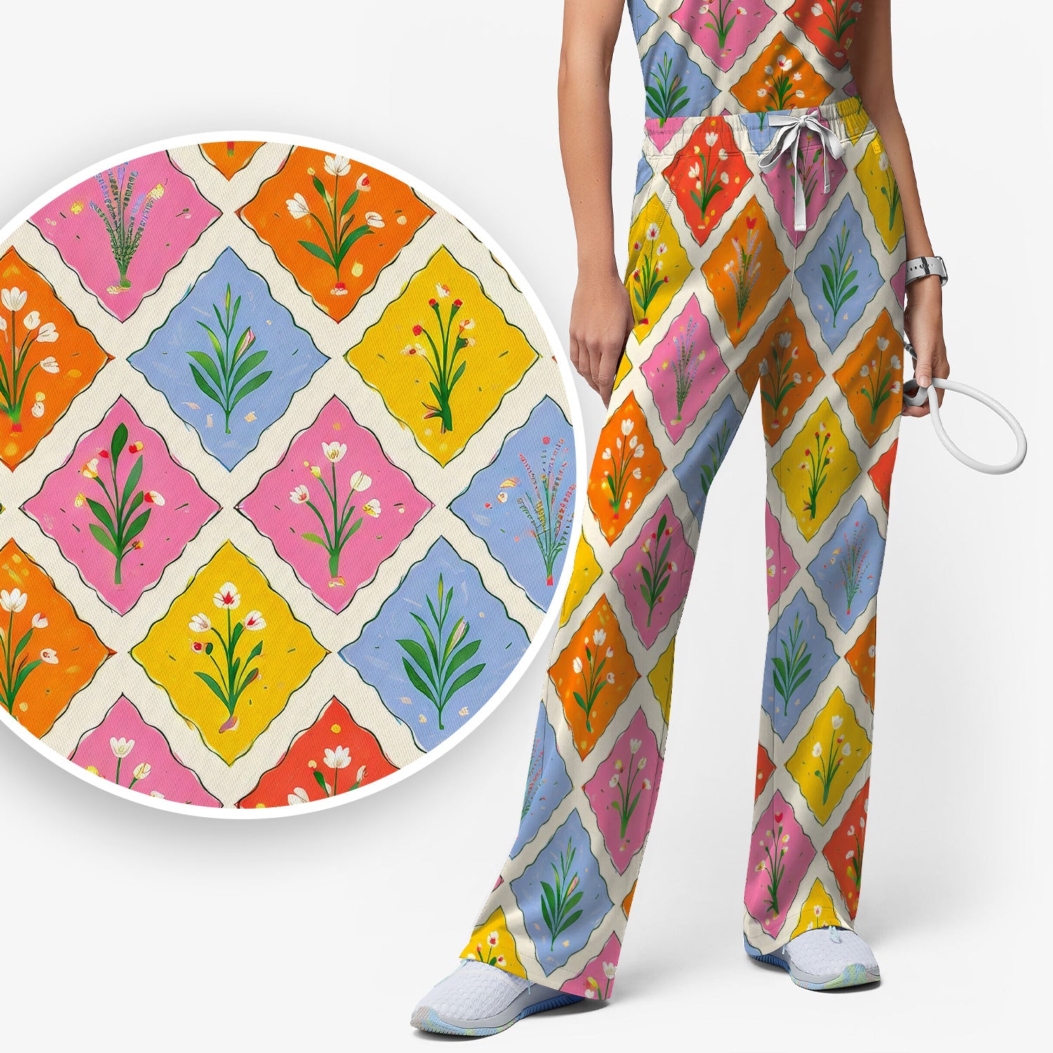 Cute Colorful Floral Tile Pattern Scrub Set, Women's Scrub Sets