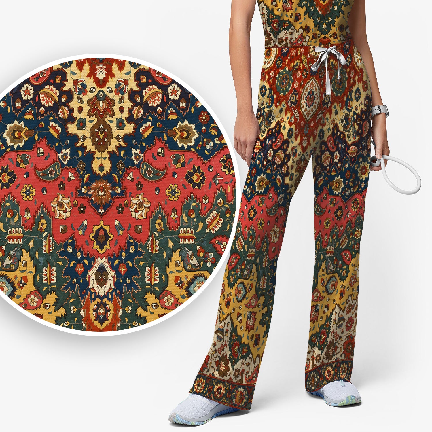 Vintage Persian Rug Floral Pattern Scrub Set, Scrub Pants and V Neck Top