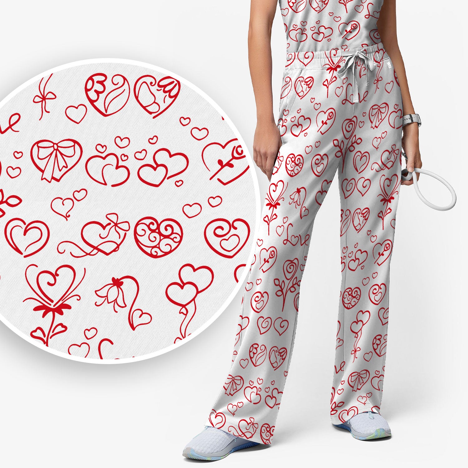 Cute Valentine Heart Scrub Set, Artistic Heart Pink Love Line Art Pattern Nurse Shirt, Comfortable Scrubs For Nursing
