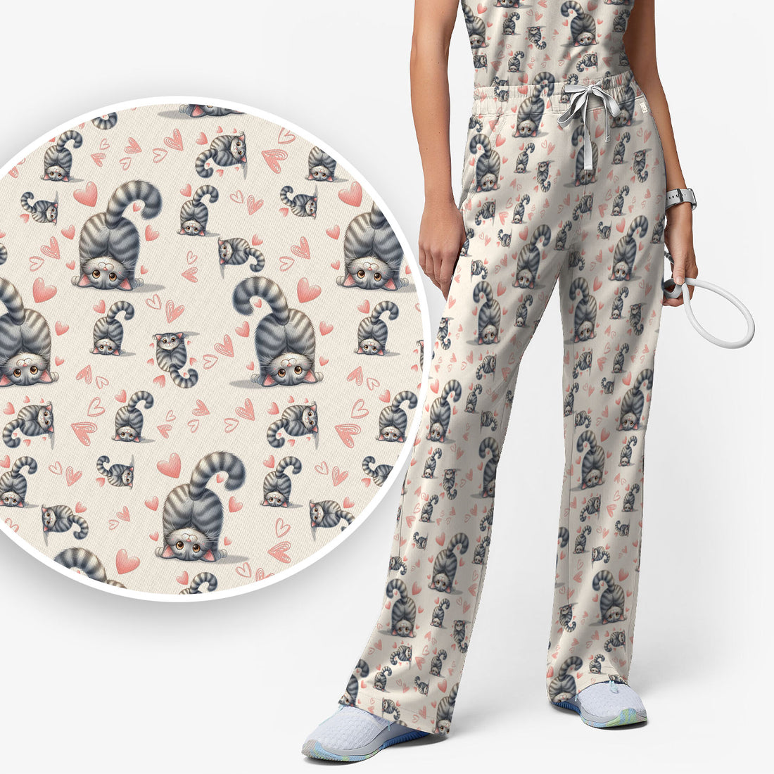 Valentine Cute Cat Scrub Set, Cat Heart Pattern Nurse Uniform, Comfortable Scrubs For Nurses