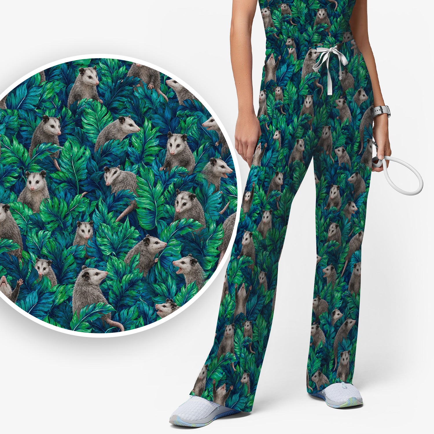 Tropical Opossum Jungle Leaves Pattern Scrub Set, Scrub Pants and V Neck Top