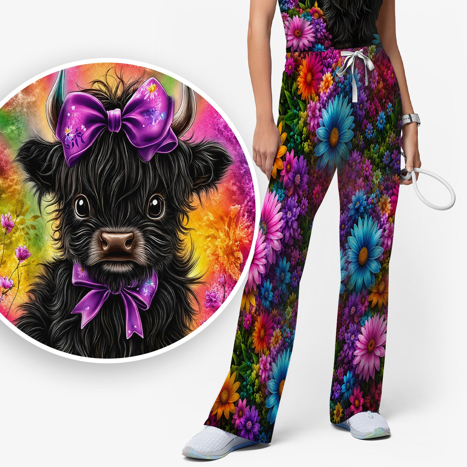 Cute Highland Cow Rainbow Floral Pattern Scrub Set, Scrub Pants and V Neck Top