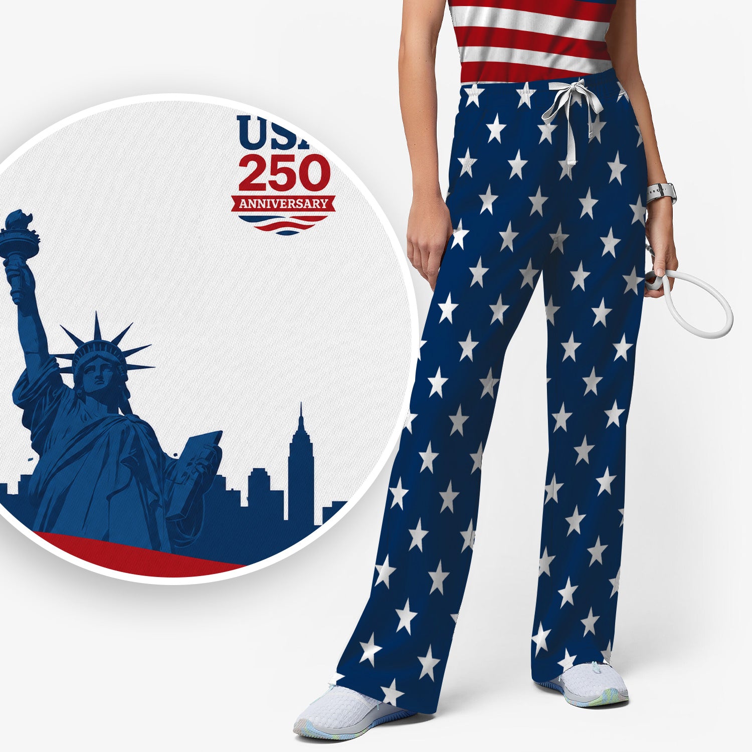 USA 250 Anniversary Patriotic Nurse Scrub Top for RN, CNA, Healthcare Workers Scrub Set, Scrub Pants and V Neck Top