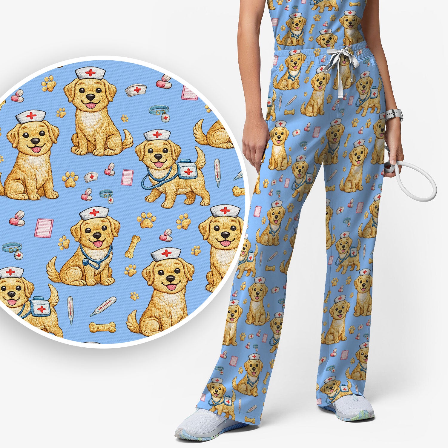 Cute Puppy Nurse Medical Print Women’s Scrub Set, Scrub Pants and V Neck Top