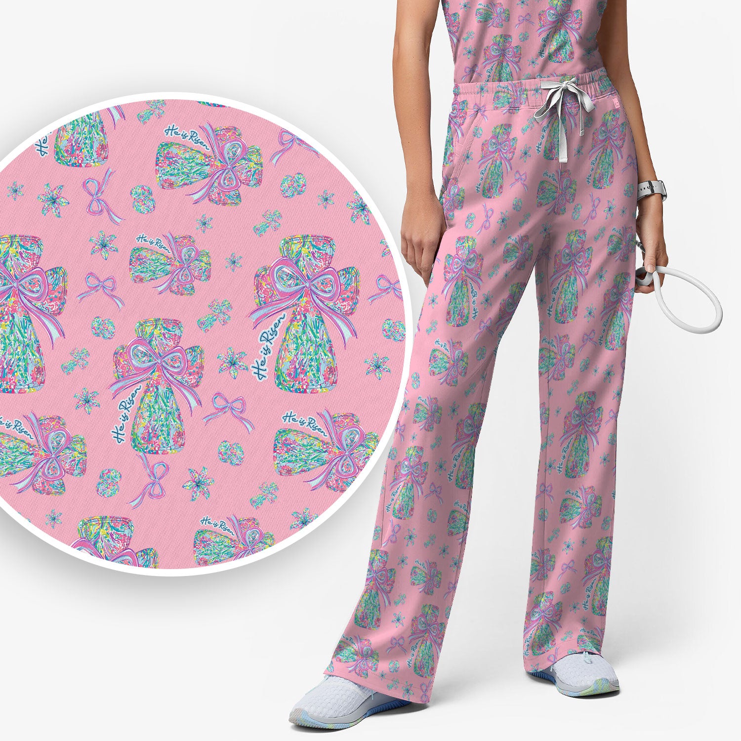 Colorful Bow Pattern Women's Scrub Sets, Breathable Med Uniform