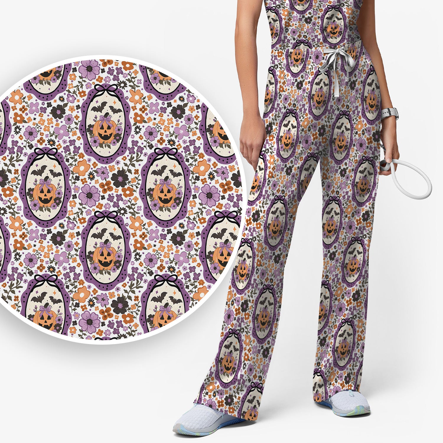 Halloween Pumpkin with Floral Print Scrub Set, Scrub Pants and V Neck Top