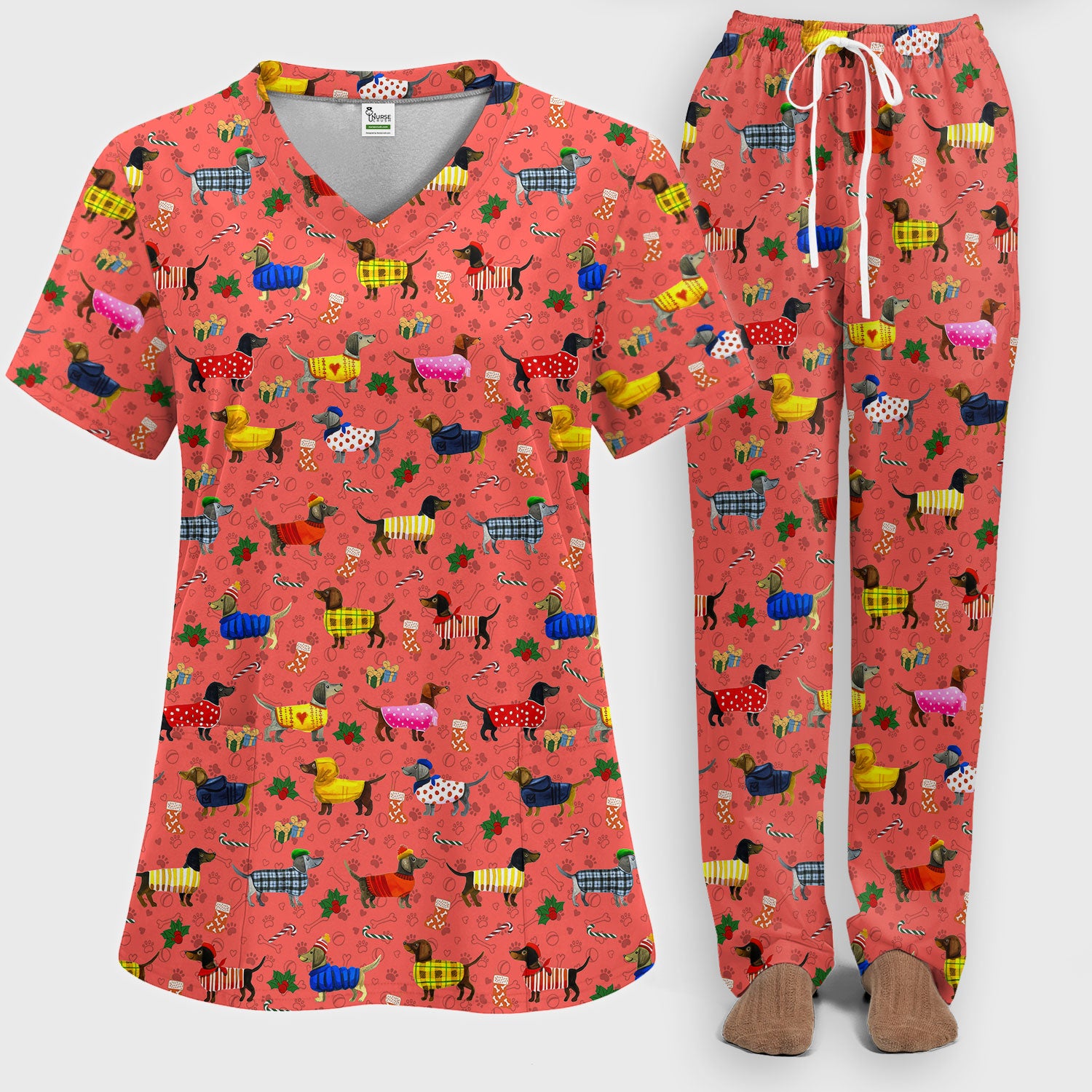 Dachshund Women Scrub Sets - Funny Wiener Dog Paw Prints Nurse Uniform - Comfortable Nursing Pants V Neck Shirt - Holiday Ugly Sweater