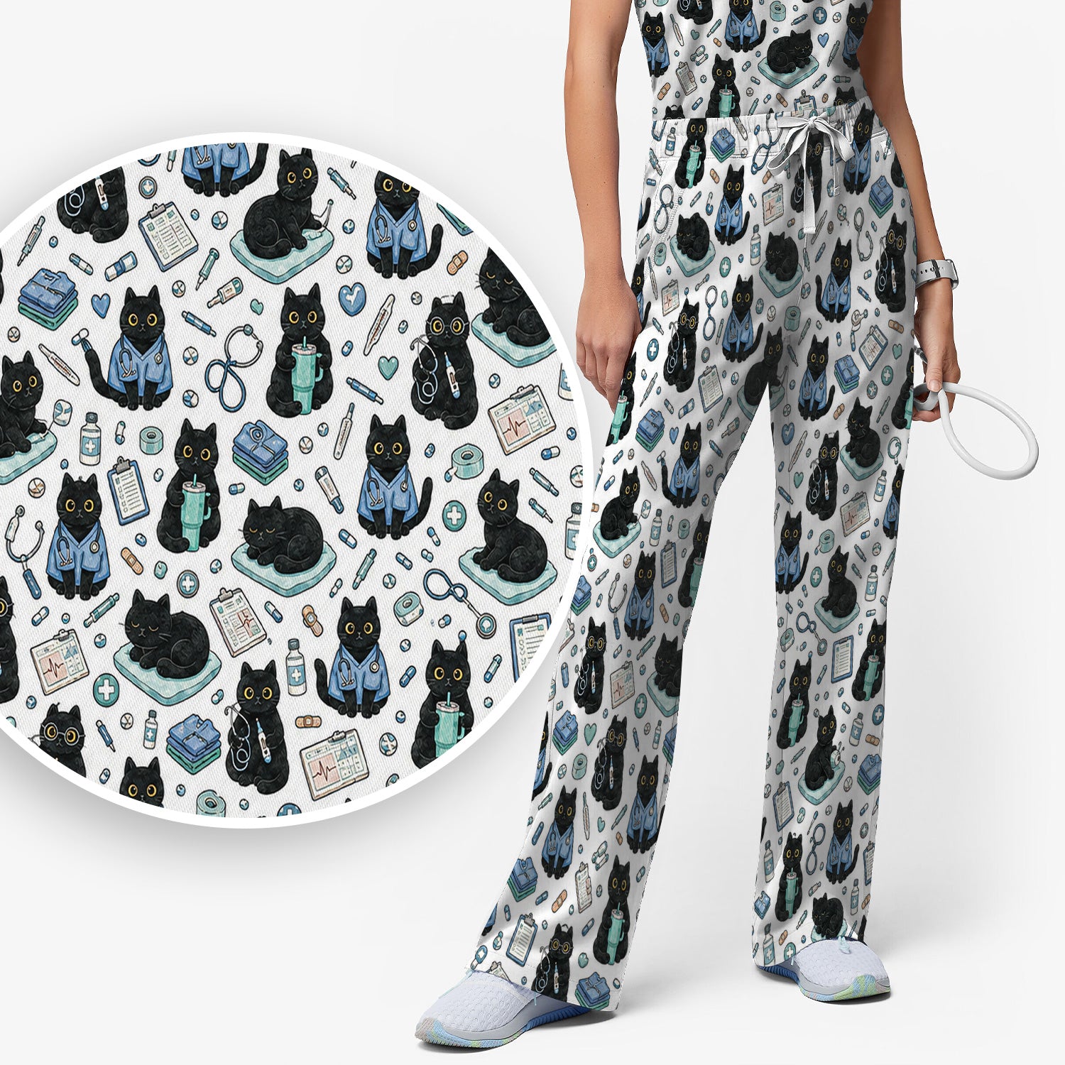 Black Cat Clinic Scrub Set, Scrub Pants and V Neck Top