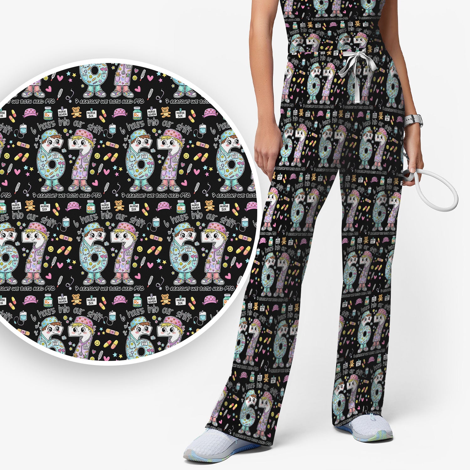 Cartoon Characters Six Hours Into Shift With Medical Doodle Scrub Set, Breathable Med Uniform