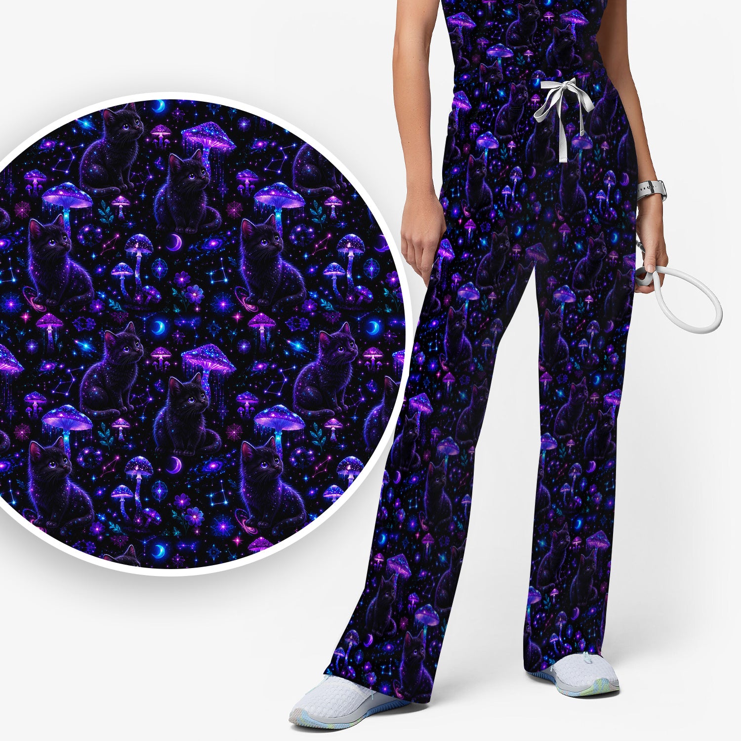 Mystical Black Cat Neon Mushroom Print Scrub Set, Scrub Pants and V Neck Top