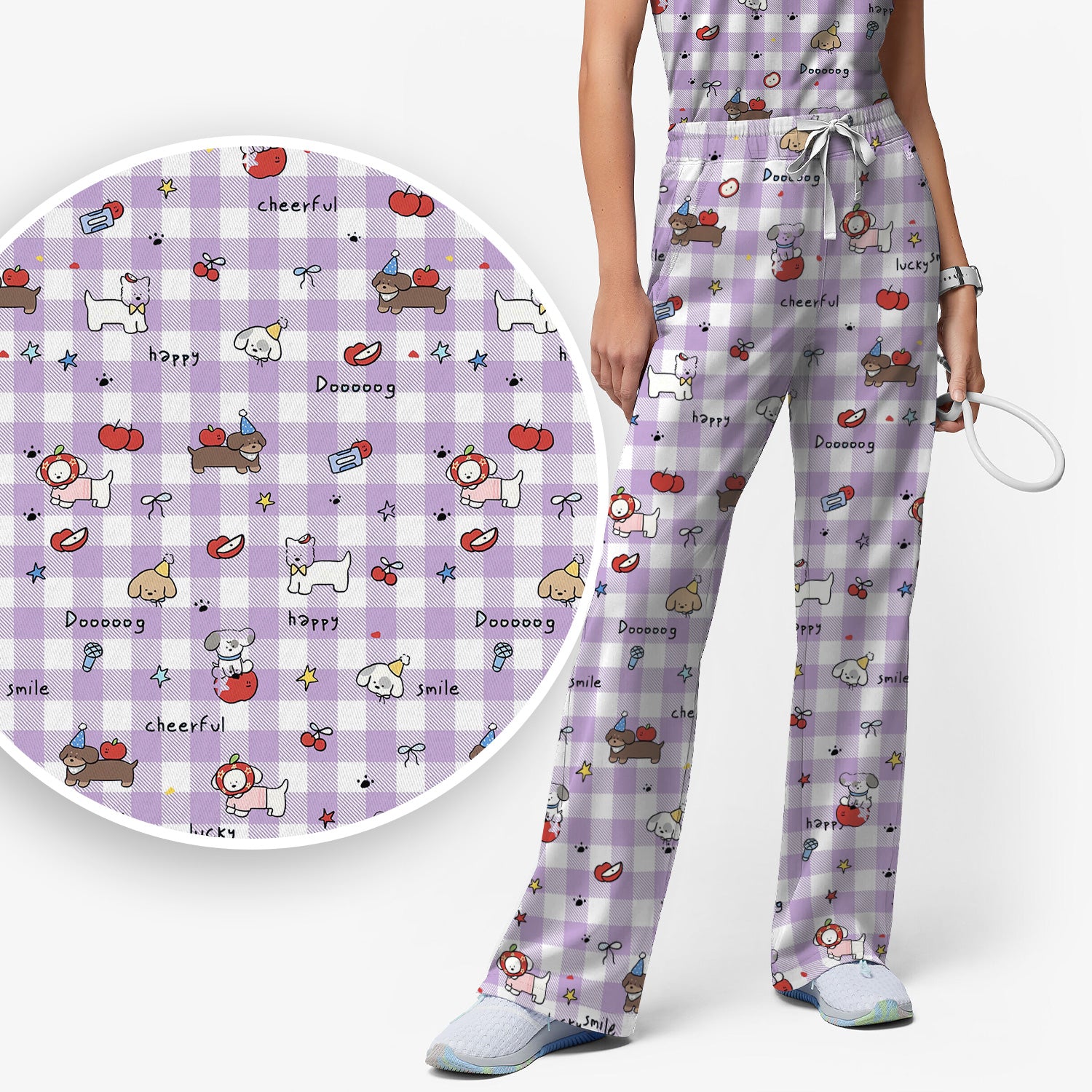 Cute Nurse Cartoon Puppy Apple Gingham Scrub Top, Breathable Fabrics Nursing Uniform