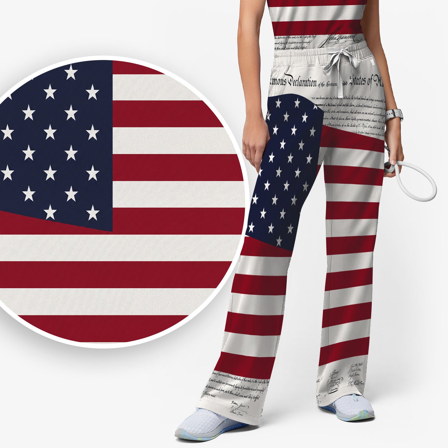 Patriotic Nurse American Flag Pattern Scrub Set, Scrub Pants and V Neck Top
