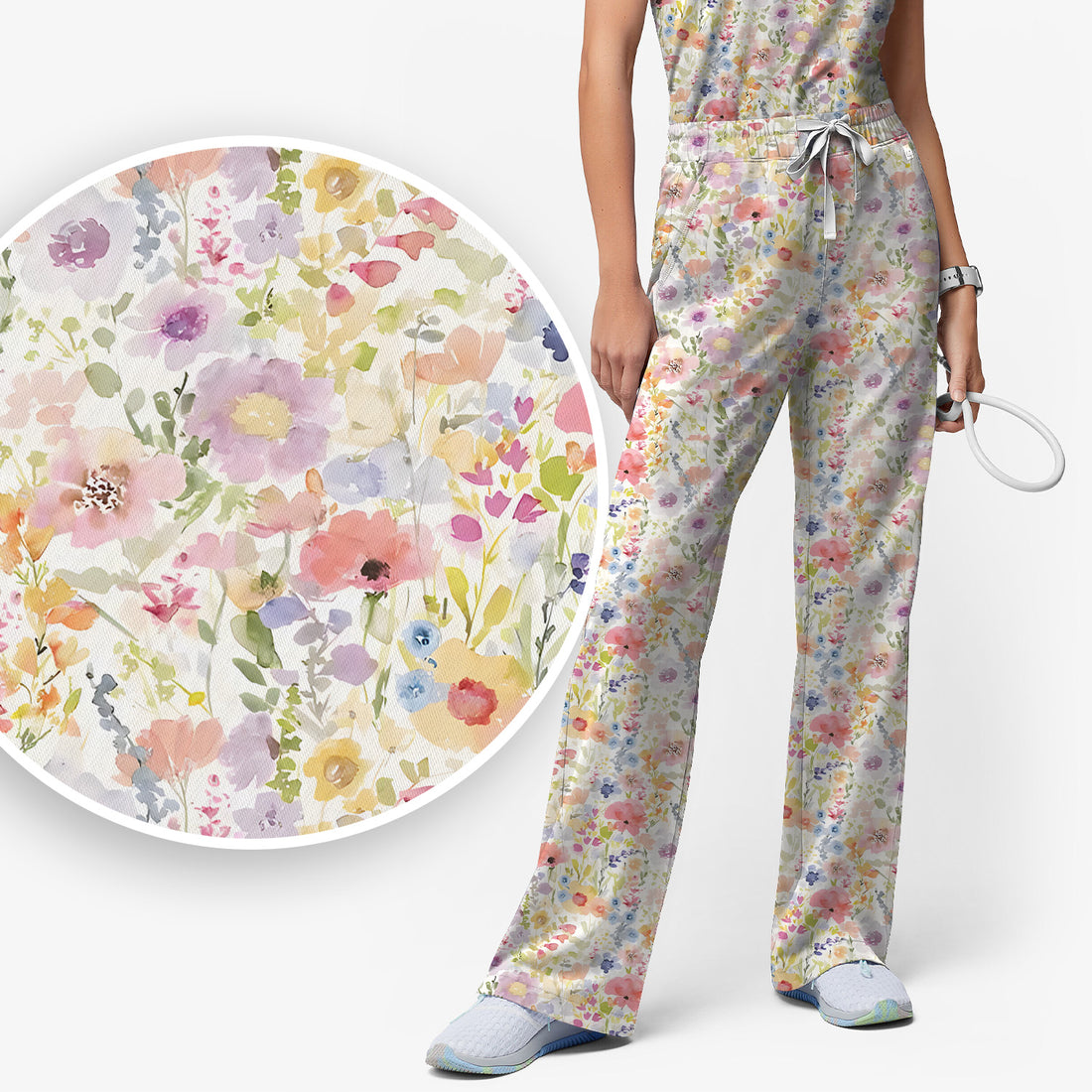 Watercolor Floral Medical Scrub Set V-Neck, Nursing Uniform Pastel Workwear