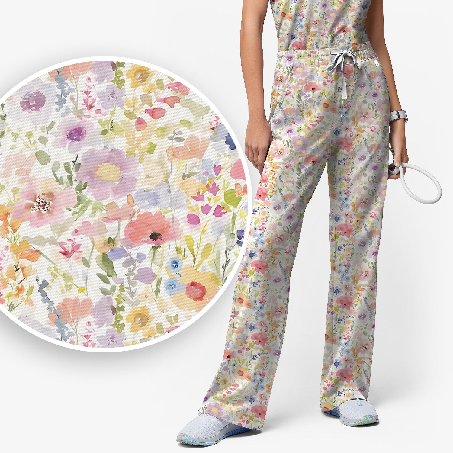 Watercolor Floral Medical Scrub Set V-Neck, Nursing Uniform Pastel Workwear
