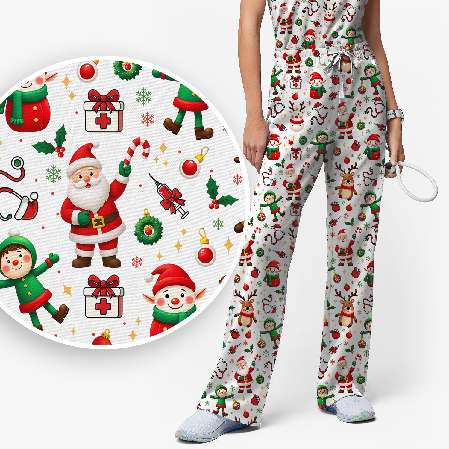 Christmas Comfortable Scrubs for Nurses - Cute Santa Reindeer Scrubs Pants and V Neck Top - Festive Holiday Med Uniform for Women