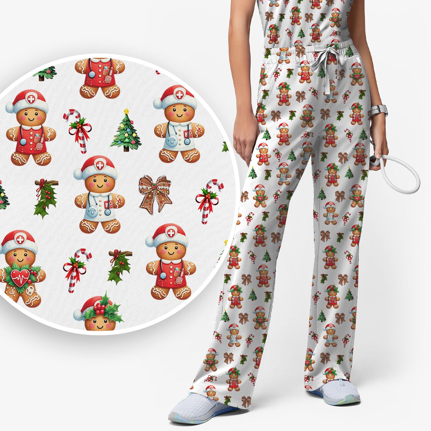 Funny Christmas Scrub Set for Nurse - Adorable Gingerbread Candy Cane Bow- Festive Medical Uniform for Women