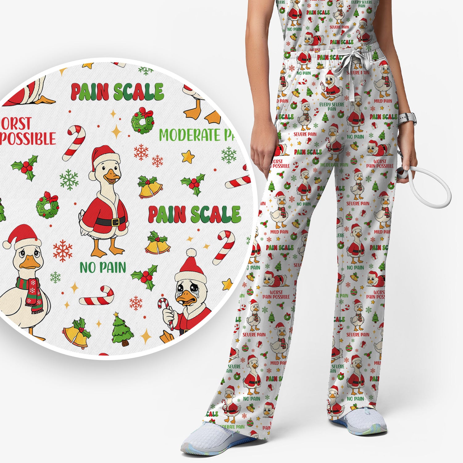 Funny Goose Christmas Scrub Set - Pain Scale Scrubs Pants and V Neck Top - Cute Holiday Medical Uniform for Women