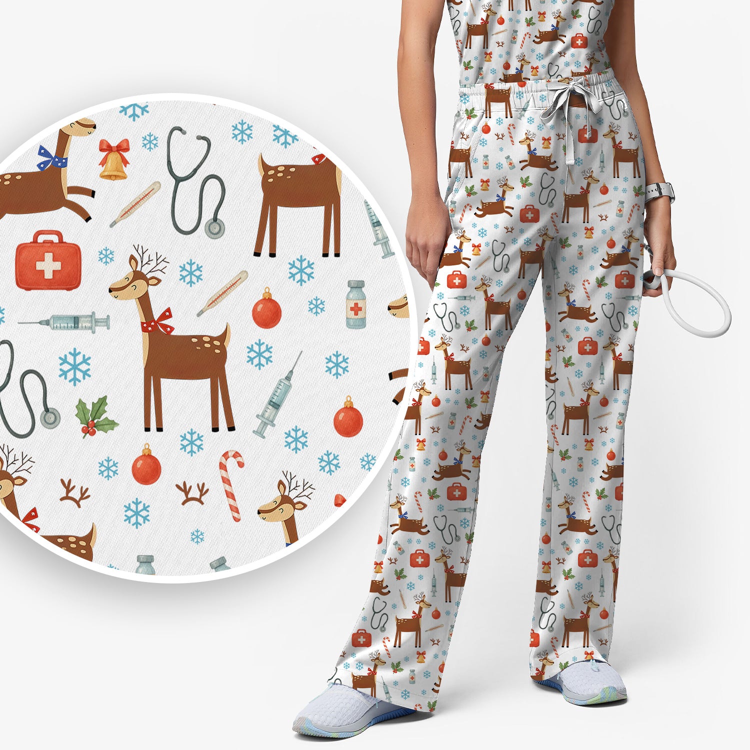 Christmas Reindeer Scrub Set for Nurses - Cute Reindeers Snowflakes Candy Canes - Comfortable Med Uniform