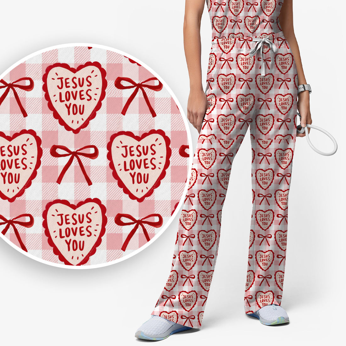 Jesus Loves You Heart Plaid Scrub Set, Scrub Pants and V Neck Top