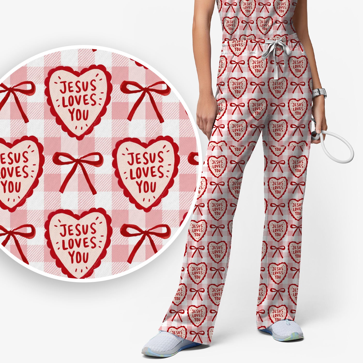 Jesus Loves You Heart Plaid Scrub Set, Scrub Pants and V Neck Top