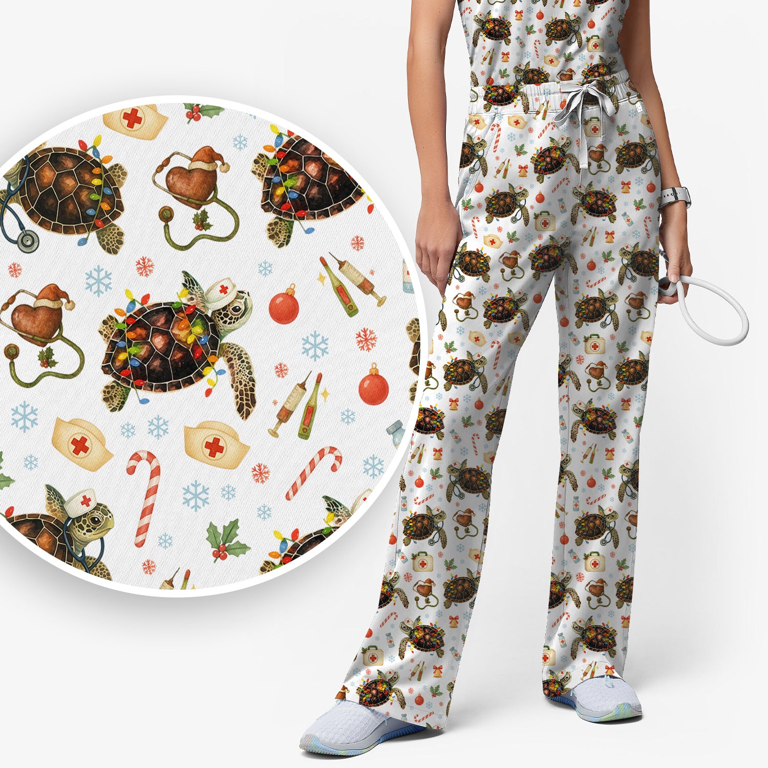 Funny Christmas Scrub Set - Sea Turtle with Xmas Lights Scrubs Pants and V Neck Top - Holiday Nurse Med Uniform for Women