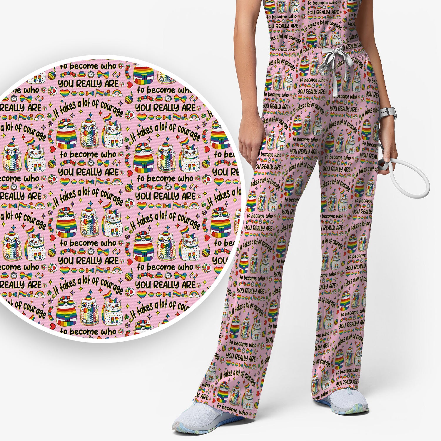 Inspirational Nurse Rainbow Cat Courage Quote Pattern Scrub Top, Breathable Fabrics Nursing Uniform