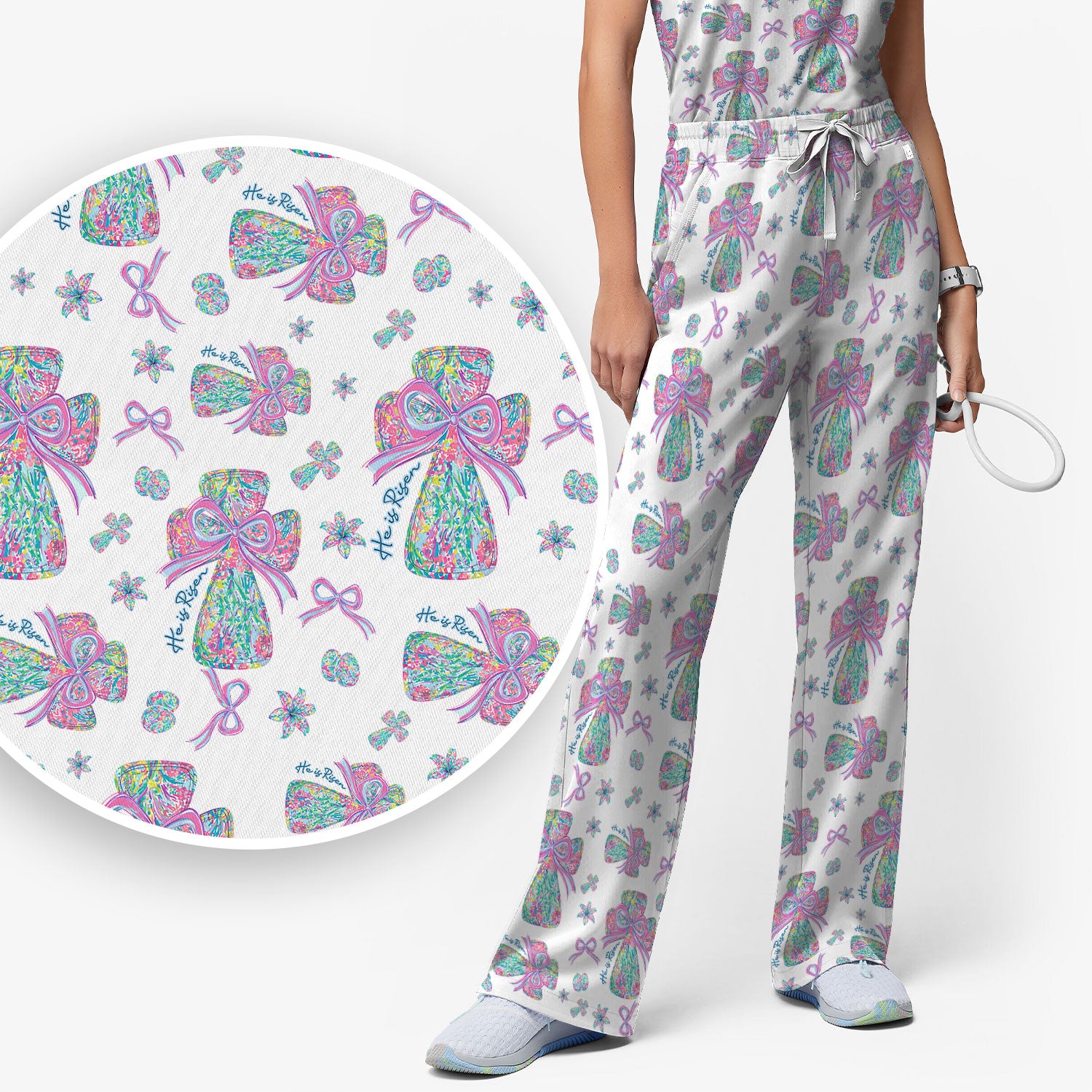 Colorful Bow Pattern Women's Scrub Sets, Breathable Med Uniform