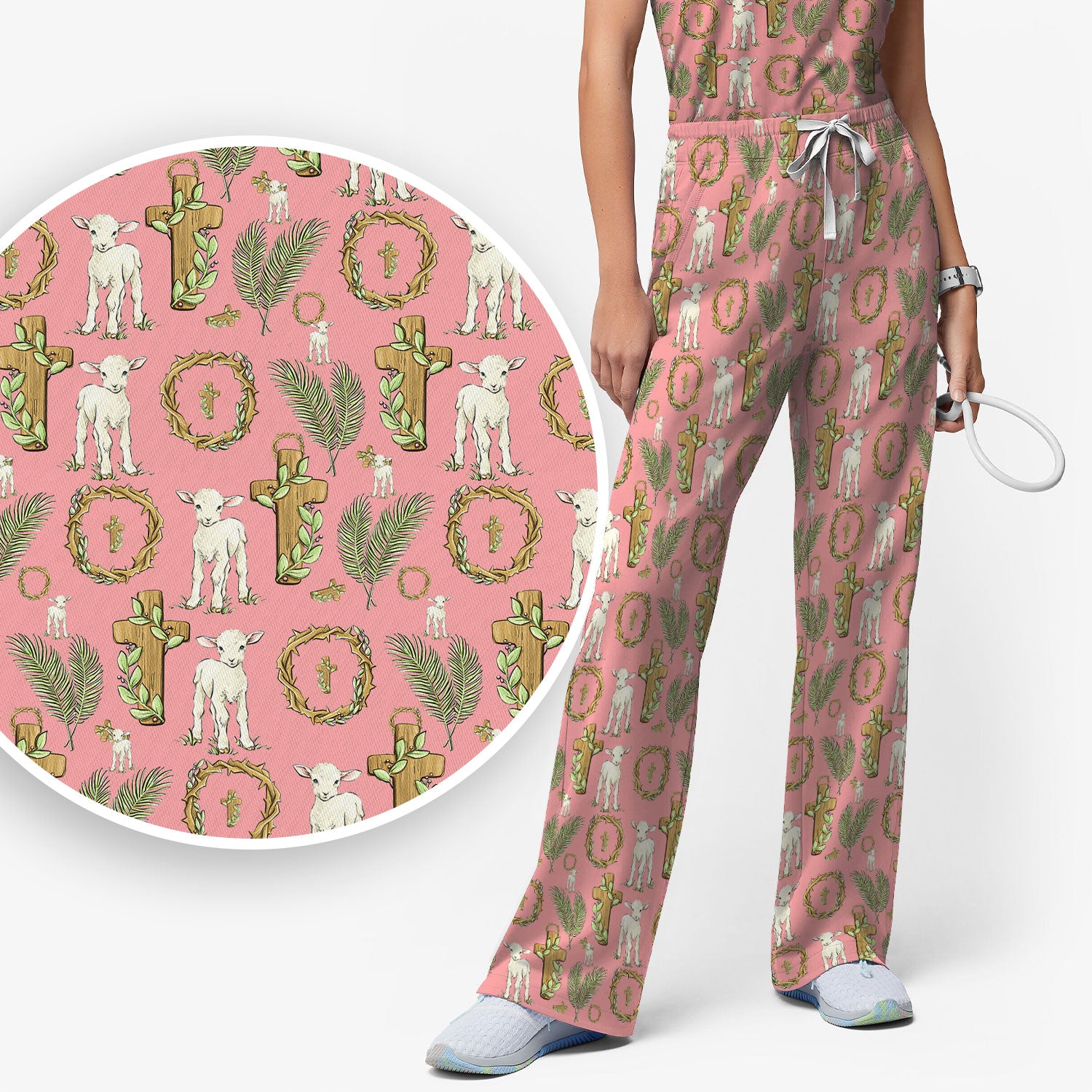 Faith Lamb Cross Pattern Women's Scrub Set, Scrub Pants and V Neck Top