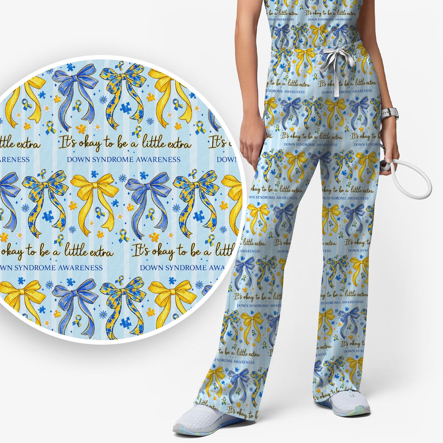Down Syndrome Awareness Ribbon Pattern Scrub Set, Scrub Pants and V Neck Top