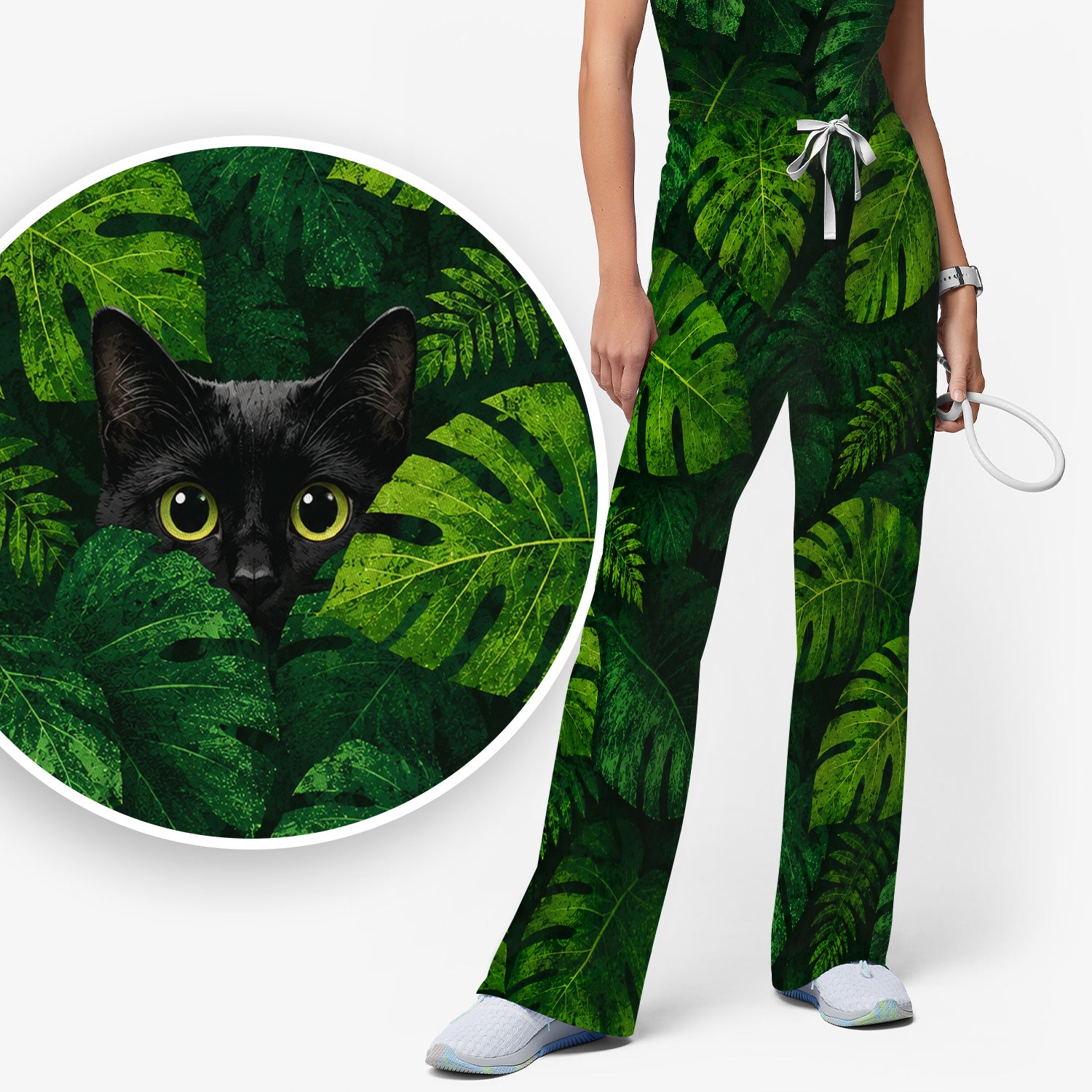 Cute Hidden Black Cat Pattern Scrub Set, Scrub Pants and V Neck Top