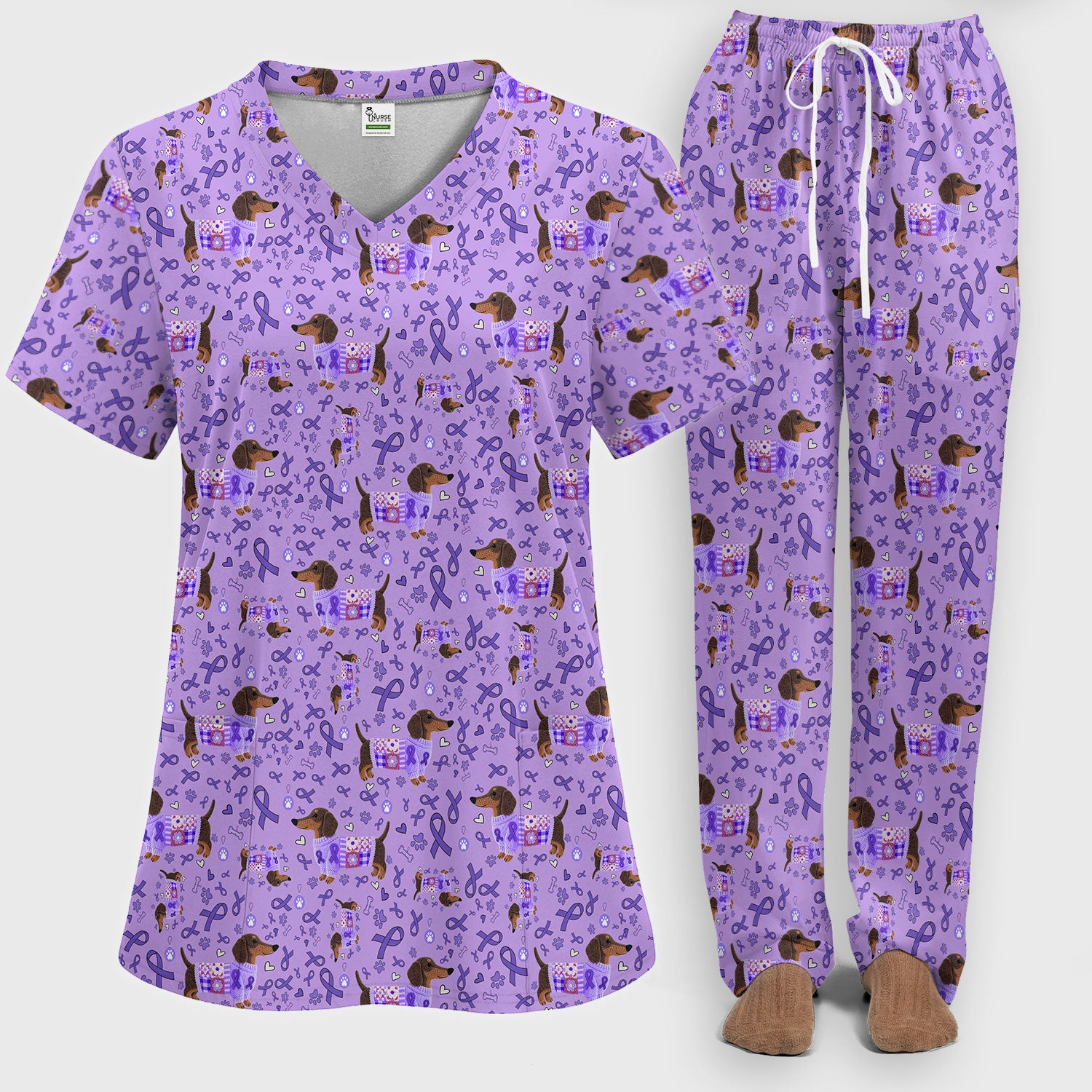 Wiener Dog Purple Ribbon Cancer Awareness Scrub Sets - Dachshund Nursing Uniform - Comfortable Scrubs for Nurses