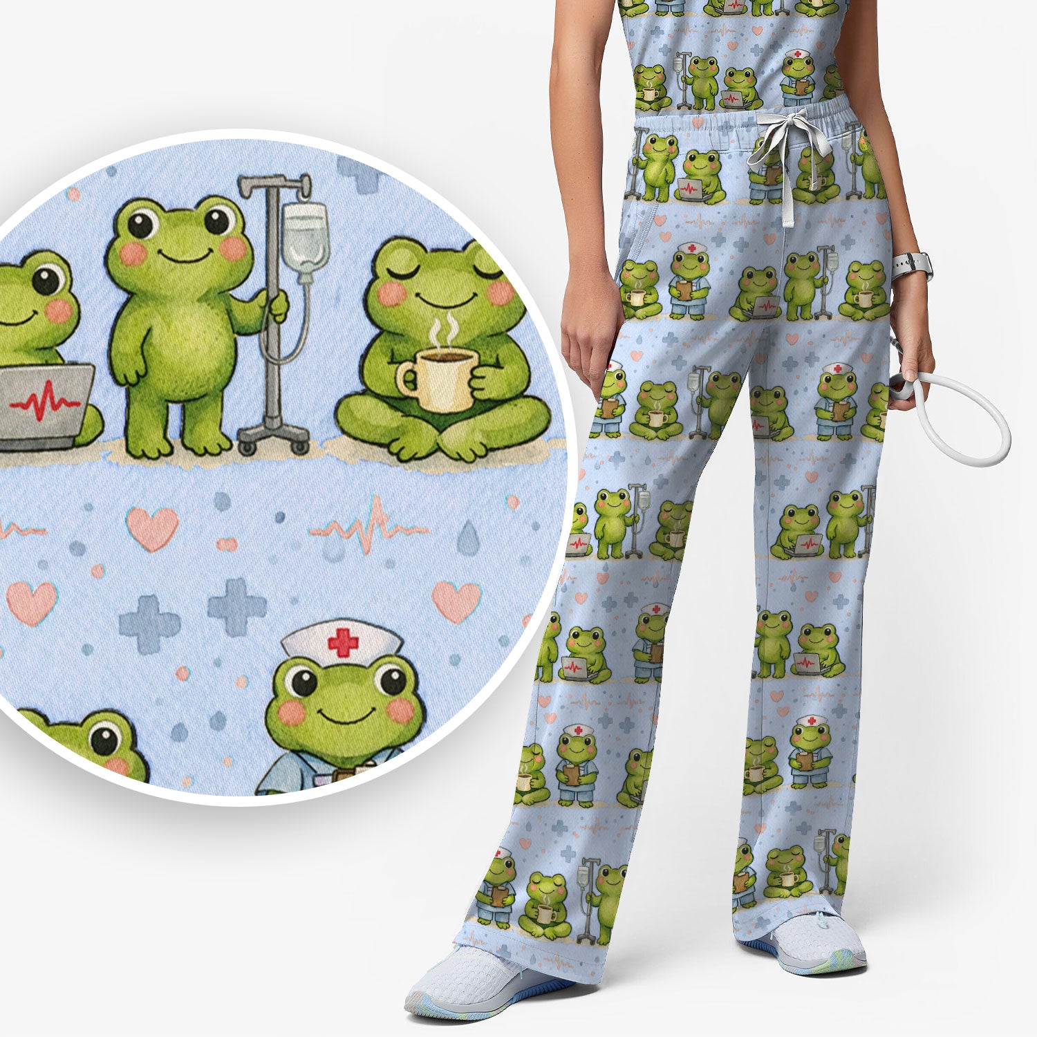 Adorable Frog Nurse Various Poses Print Scrub Set, Breathable Med Uniform