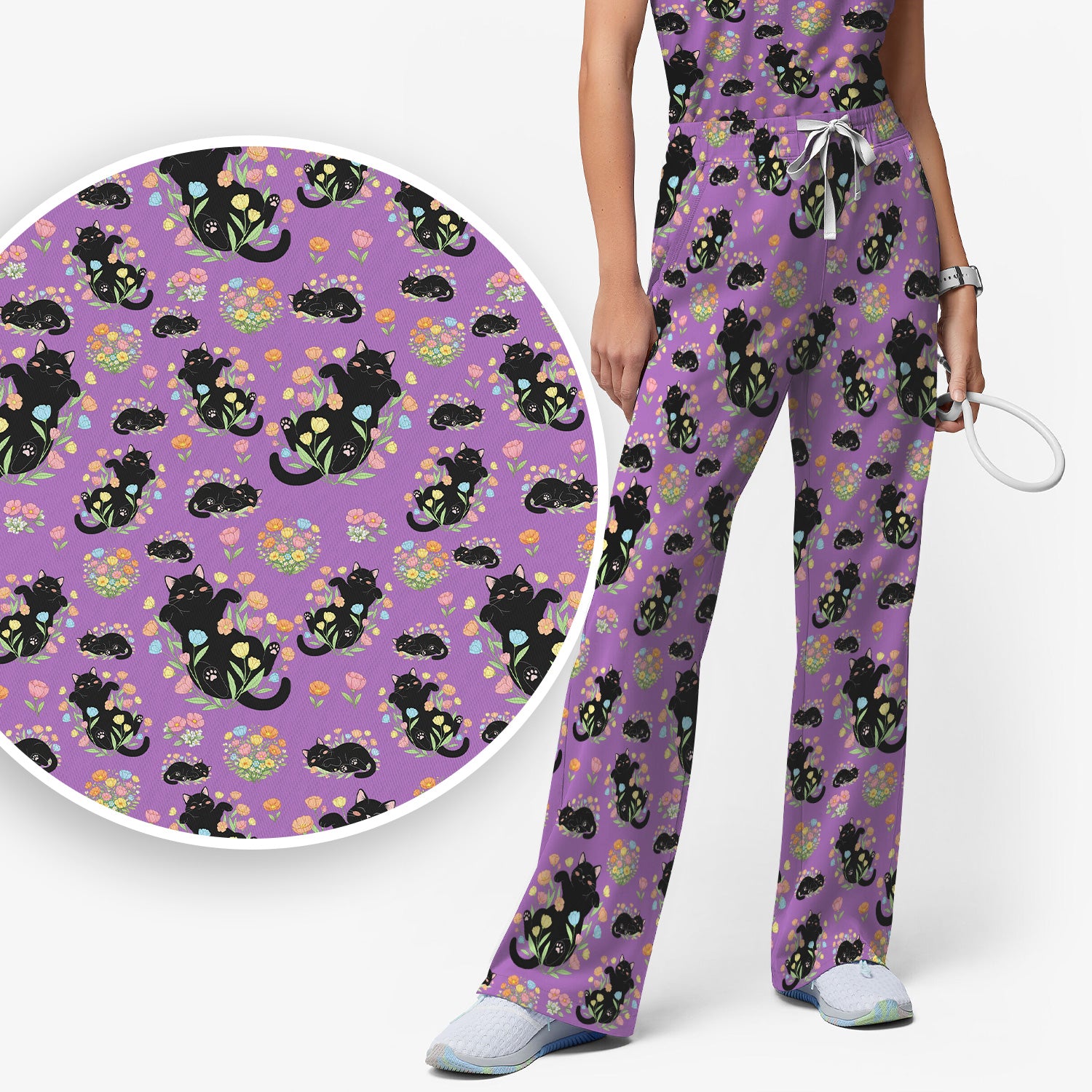 Cats With Cute Poses Floral Pattern Scrubs Sets, Scrub Pants and V Neck Top