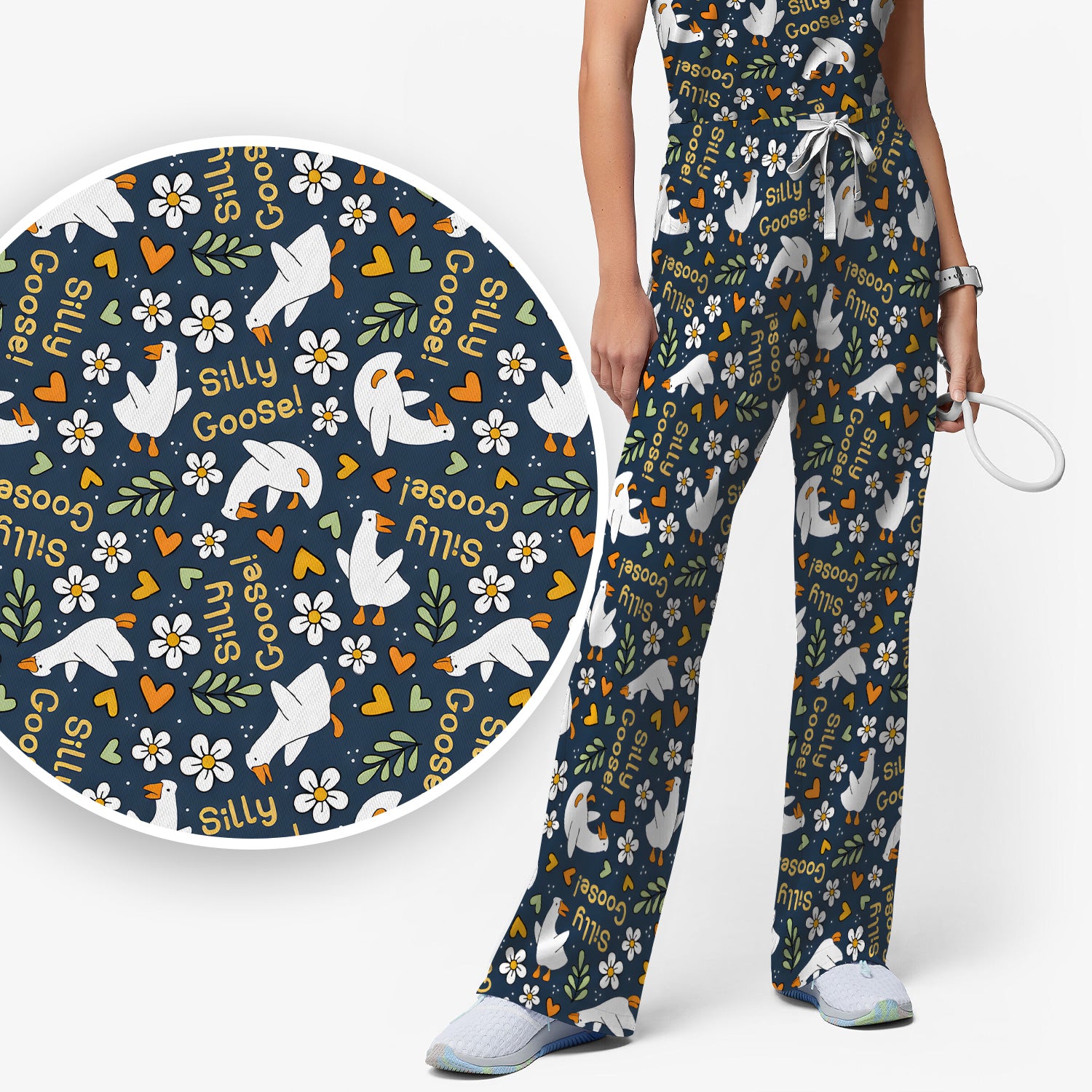 Silly Goose Floral Pattern Scrub Set, Scrub Pants and V Neck Top