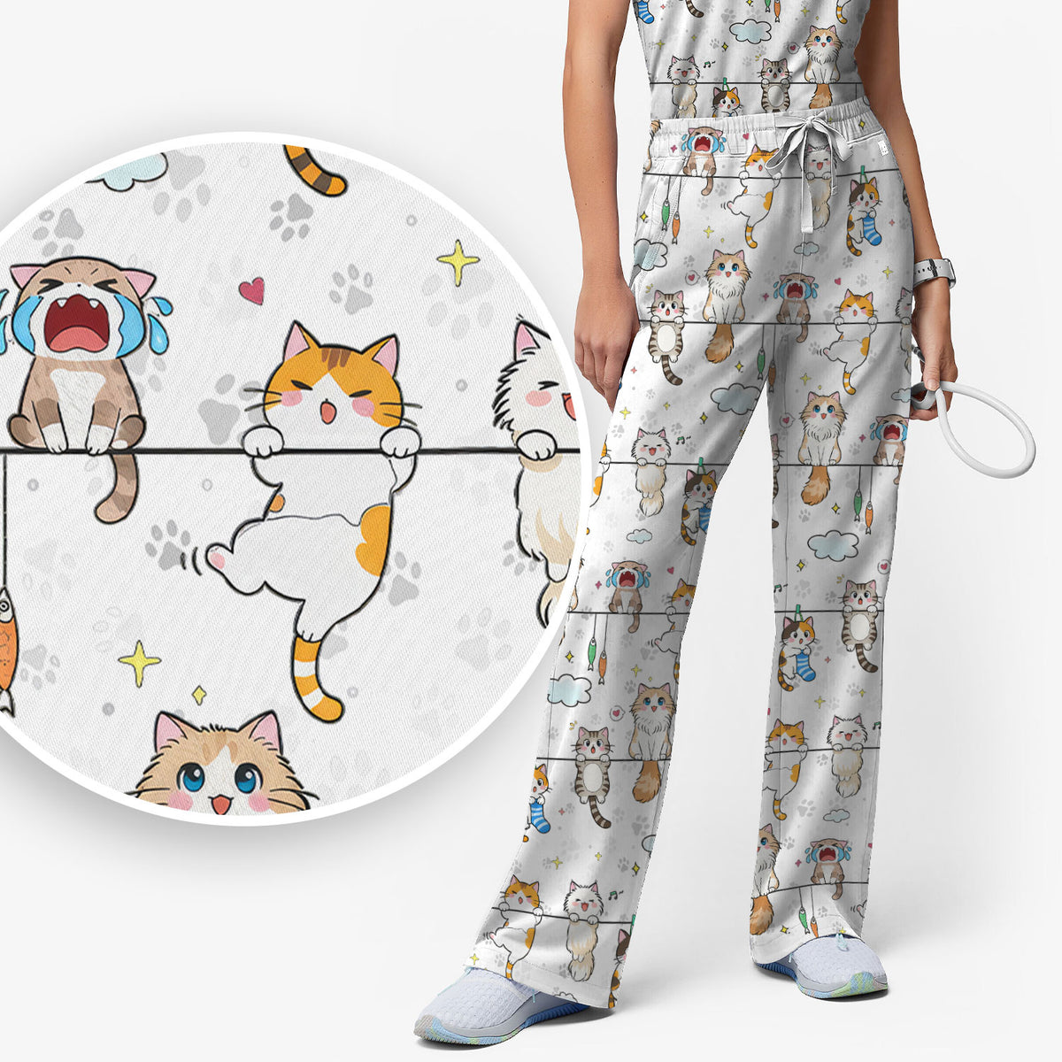 Funny Cats With Cute Expressions Pattern Scrubs Sets, Scrub Pants and V Neck Top